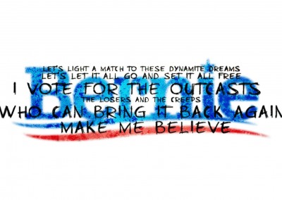 A lyric of No Revolution by The Explosion superimposed on Bernie 2016 logo